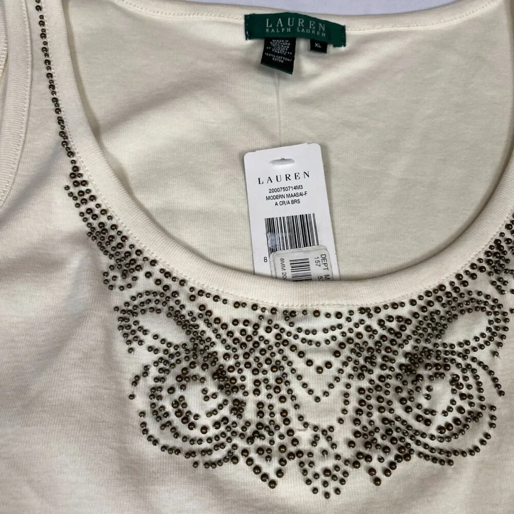 NWT Lauren Ralph Lauren Bead Embellished Tank XL Cotton Cream - Picture 2 of 5